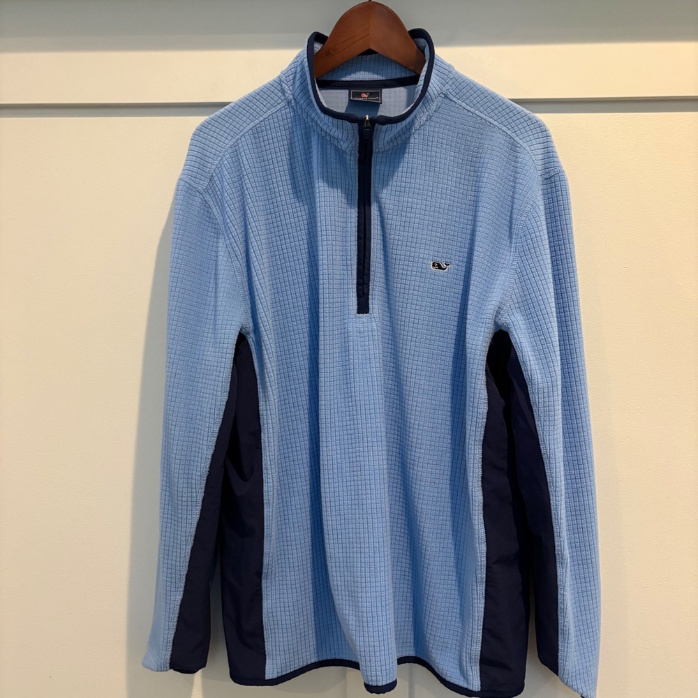 Vineyard Vines 1/4 Zip Men Large Light Blue Grid Fleece Pullover‎ Quarter Logo